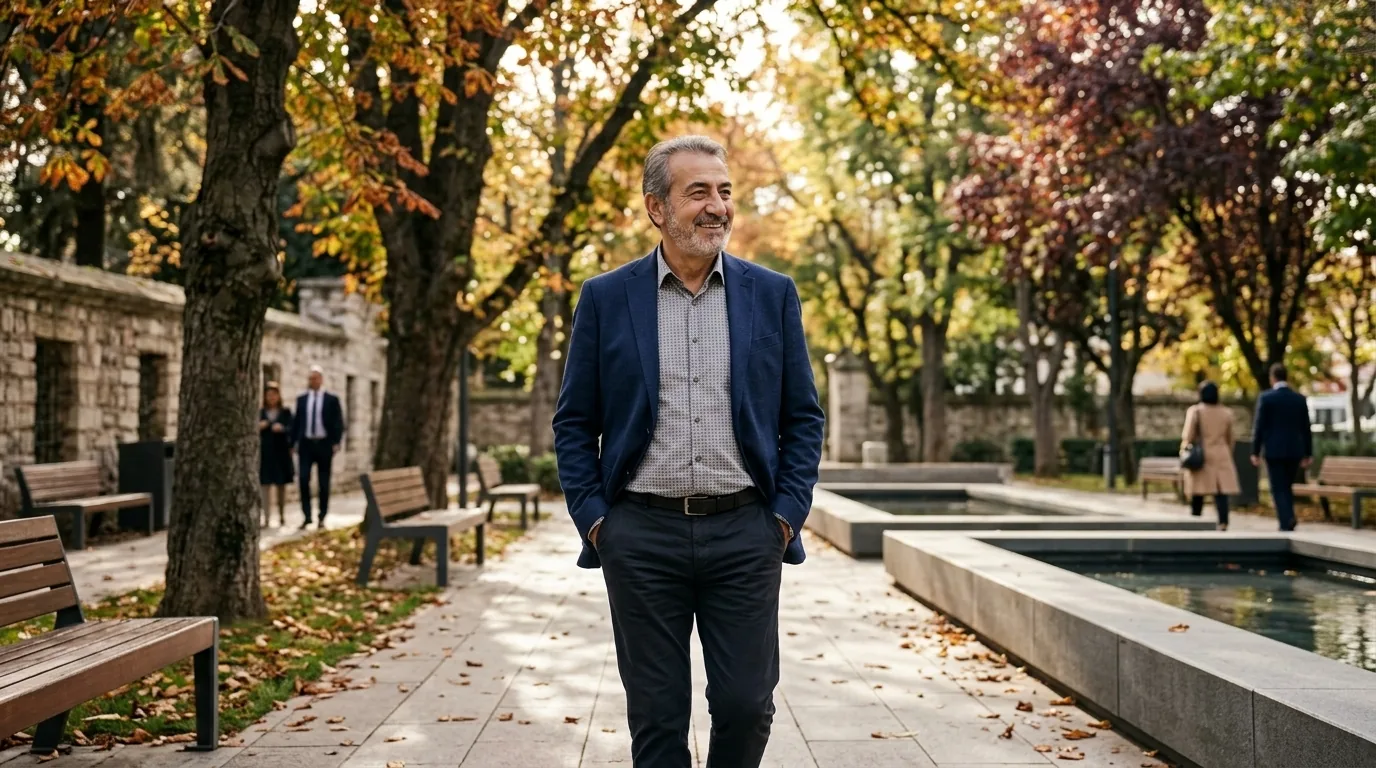 Gülümseyen bir adam; kulağında cihaz fark edilmiyor