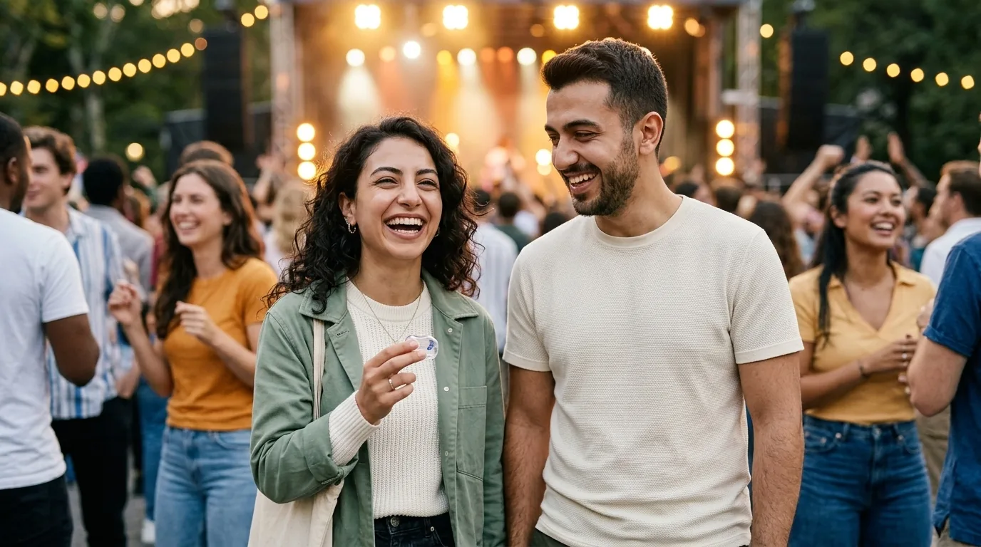 Konserde elinde küçük kulak tıkacı kutusuyla eğlenen genç kadın