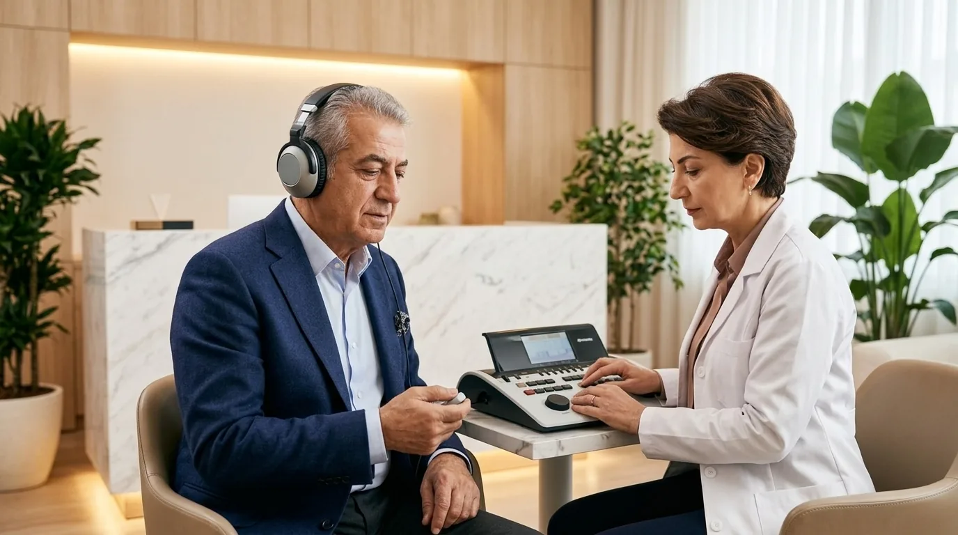 Odyolog eşliğinde kulaklıkla işitme testi yapılan hasta