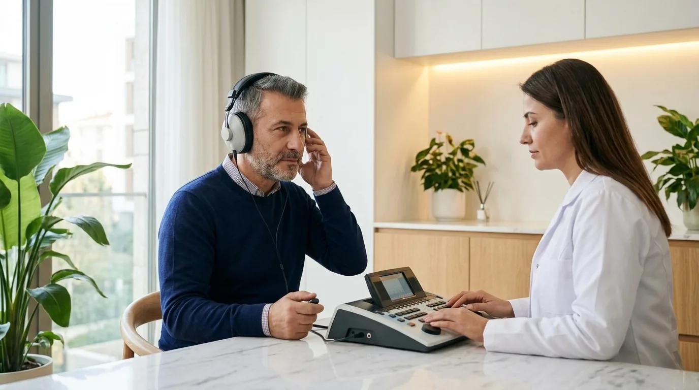 Odyolog eşliğinde kulaklıkla işitme testi yapılan hasta