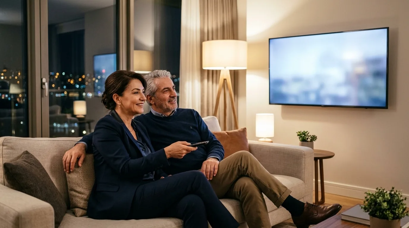 Akşam evde birlikte televizyon izleyen şık bir çift