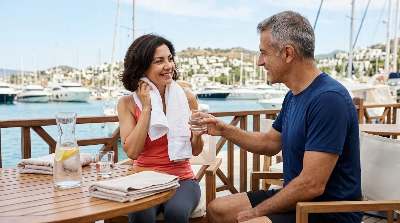Koşu sonrası terasta havluyla boynunu silen şık spor giyimli kadın ve yanındaki eşi