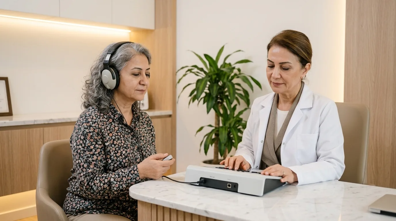 Odyolog eşliğinde kulaklıkla işitme testi yapılan hasta